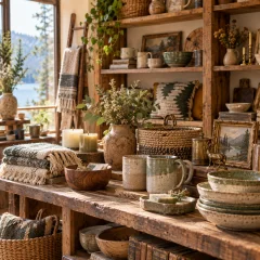Handmade ceramics, woven goods, and vintage finds in a warm mountain shop