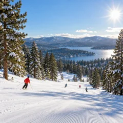 Skiers descending a sunny pine-lined mountain slope