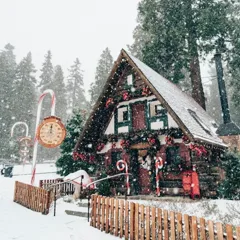 Snowy cabins at SkyPark at Santa’s Village