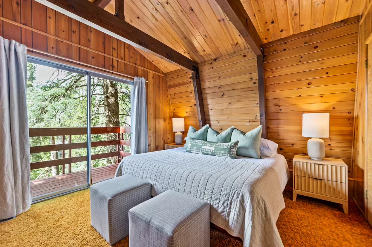 Warm private bedroom at a pet-friendly Lake Arrowhead cabin