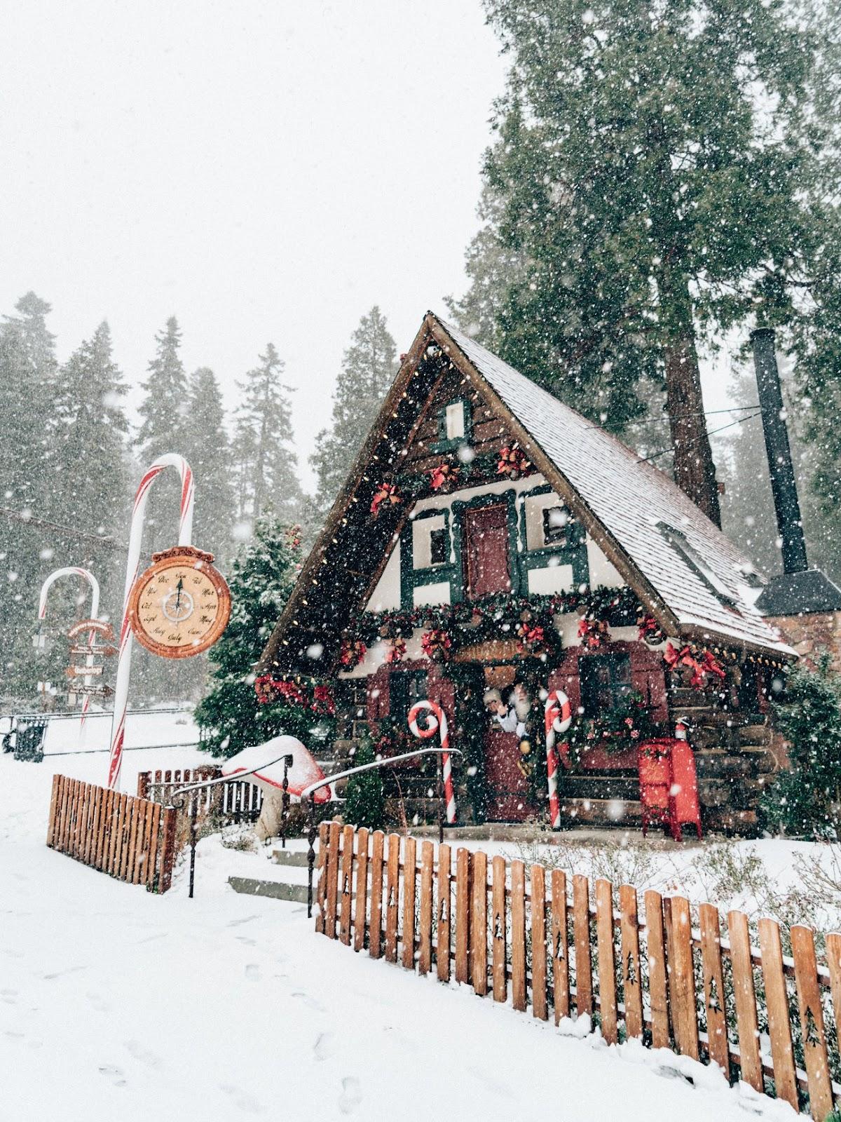 Santa's North Pole Cabin at SkyPark in Lake Arrowhead decorated for winter