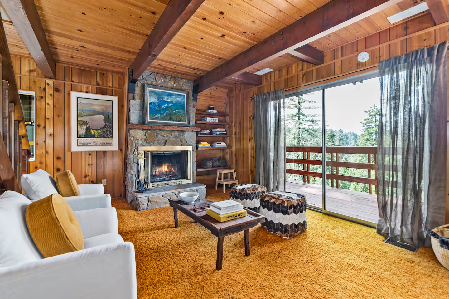 Cozy cabin living room fireplace